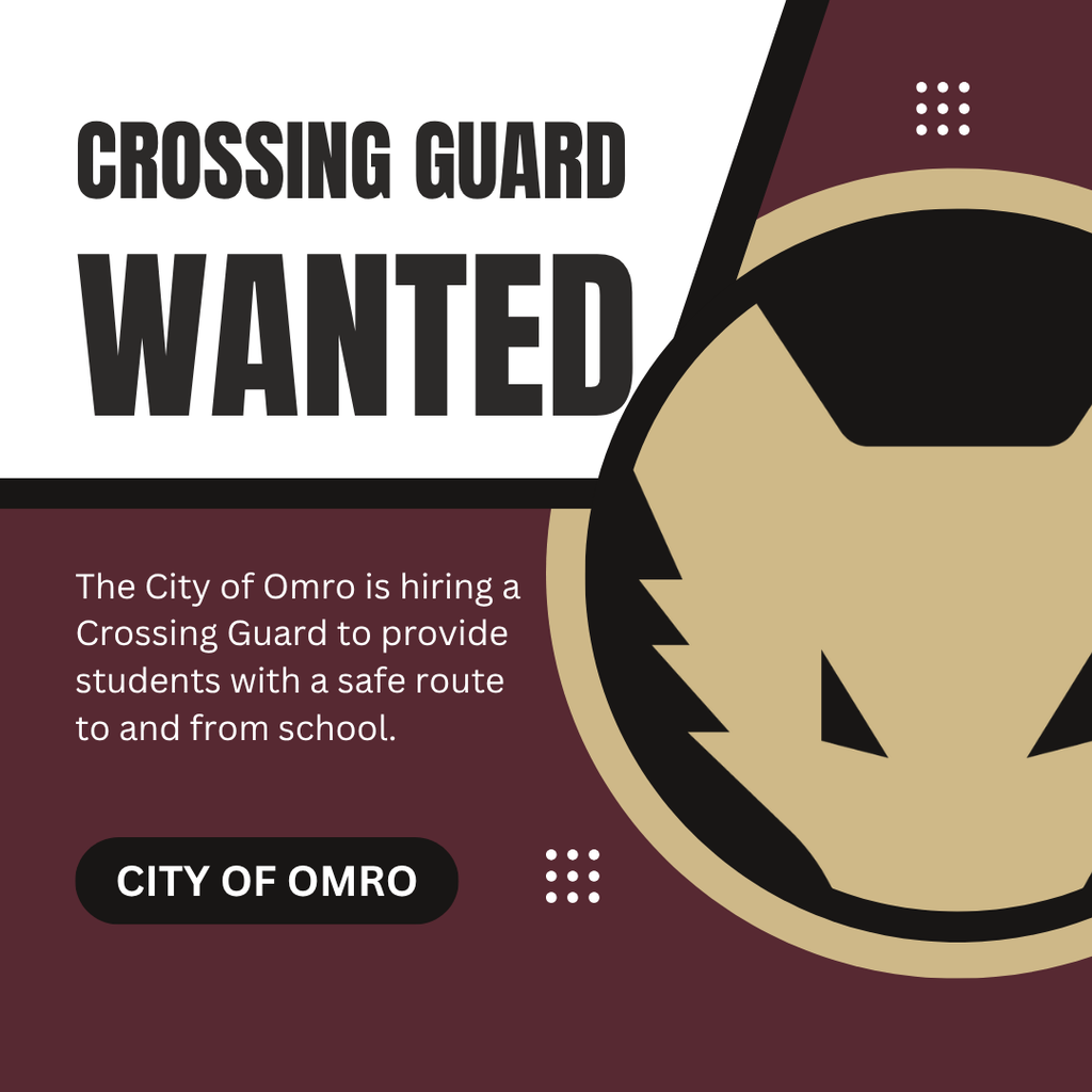 Graphic that communicates the City of Omro is hiring a Crossing Guard to provide students with a safe route to and from school.