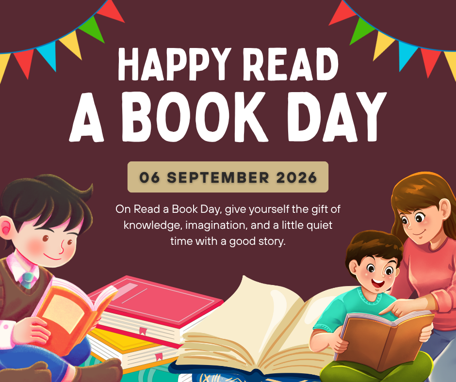 Graphic that has cartoon people and text that says "Happy Read A Book Day" along with the date of September 6, 2026.