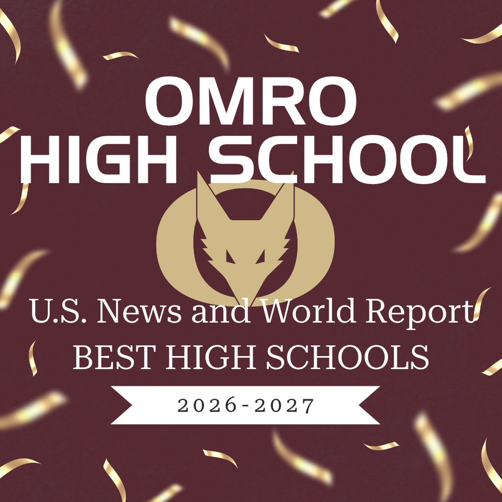 Graphic with Maroon background and gold streamers celebrating Omro High School as a U.S. News and World Report Best High School for 2026-2027