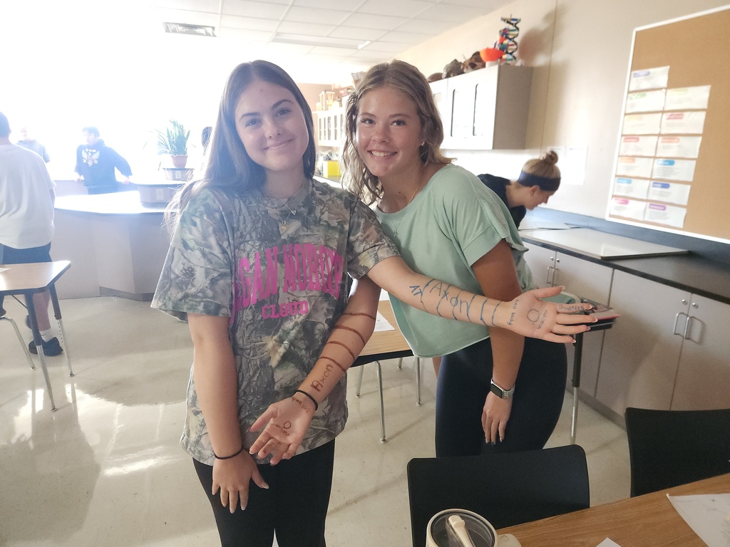 Two high school students showing their arms that have markings on them from a Science exploration.