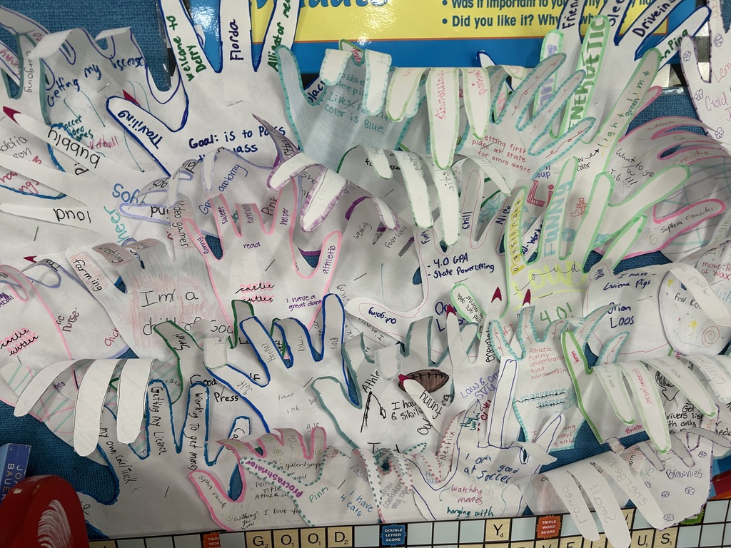 A group of decorated, cut out, paper hands.