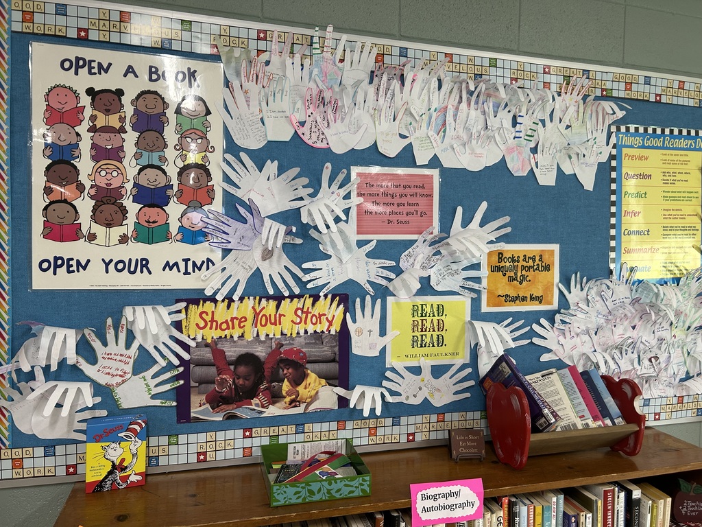 A bulletin board with cutouts of paper hands that are written on.