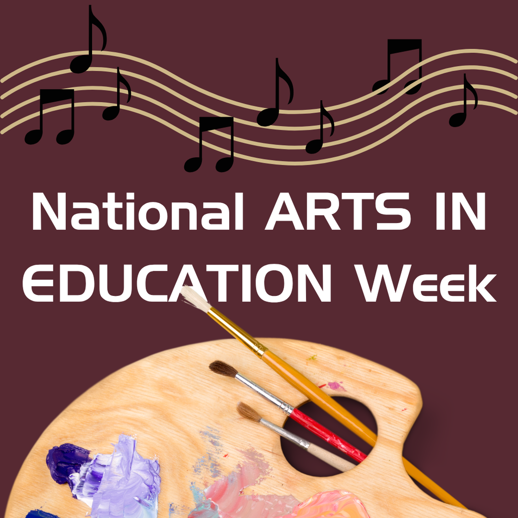 Graphic with Music Notes and a paint tray with text that says "National ARTS IN EDUCATION Week".