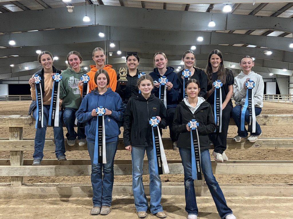 11 middle school and high school girls posing and holding ribbons in their hands.