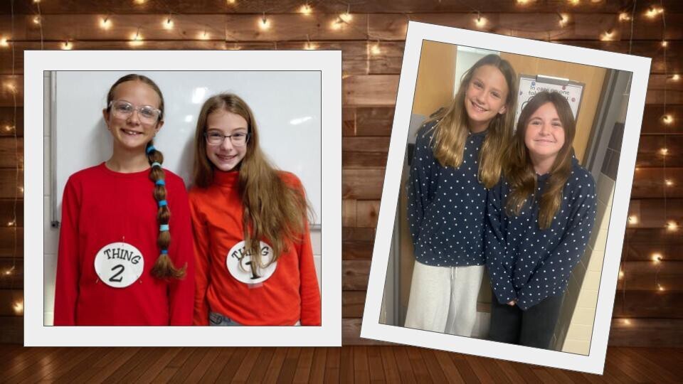 Two images of two middle school students dressed up for "twin day."