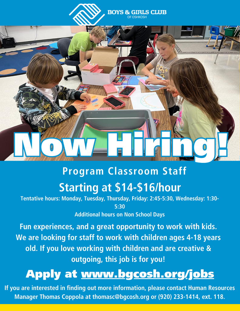 Flyer that says Now Hiring for the Boys and Girls Club