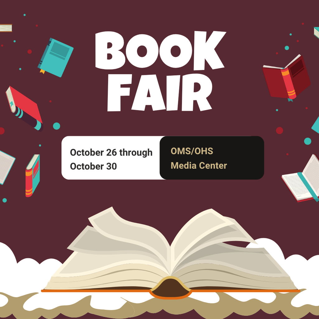 Graphic with Maroon background and flying books advertising the OMS/OHS Book Fair October 26-October 30.