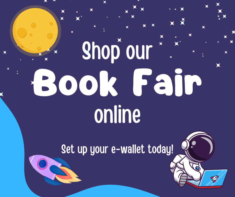 Outer space background with text that says "Shop Our Book Fair Online. Set up your e-wallet today."