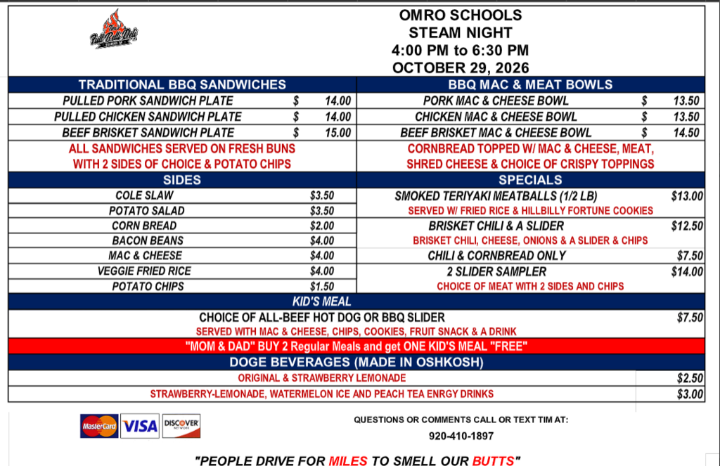 Food truck menu for STEAM Night. Shares options and prices.