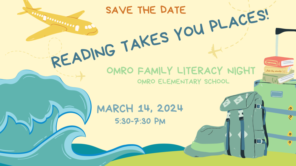 A flyer sharing information about Omro Family Literacy Night on March 14 from 5:30 to 7:30 pm at Omro Elementary.
