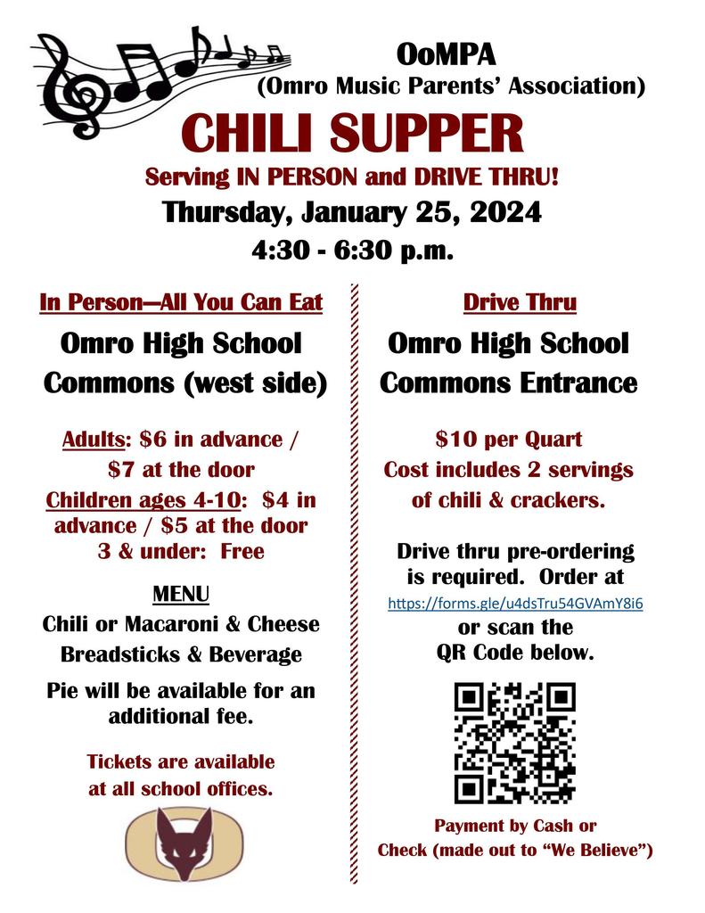 A flyer for a Chili Supper hosted at Omro High School