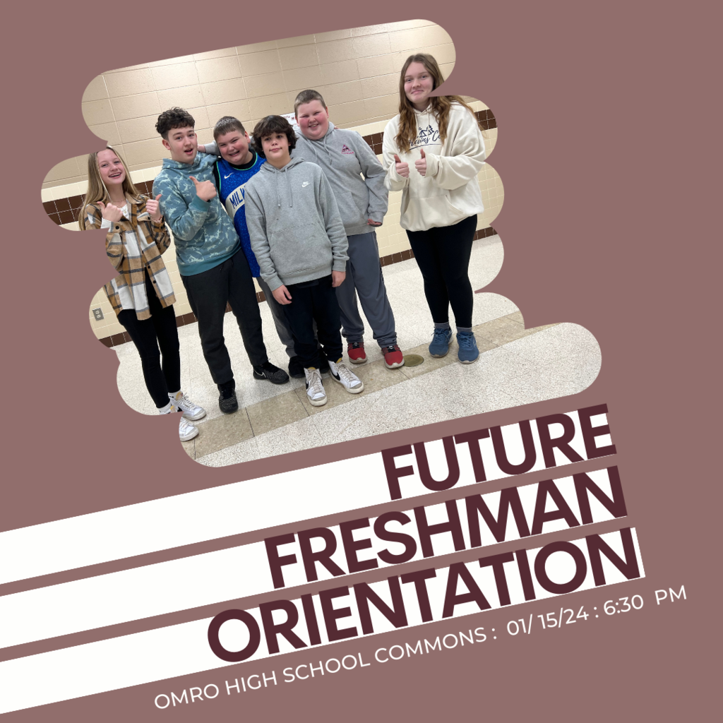Graphic of 6 middle school students posing together with thumbs up. Words on the graphic say "Future Freshman Orientation".