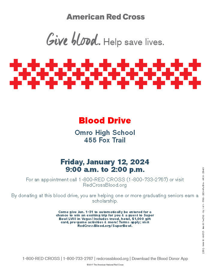 Flyer from the American Red Cross about a Blood Drive on 01/12/2024.