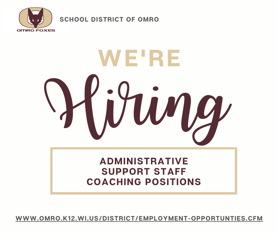 Graphic with text "We're Hiring" in Maroon and Gold.
