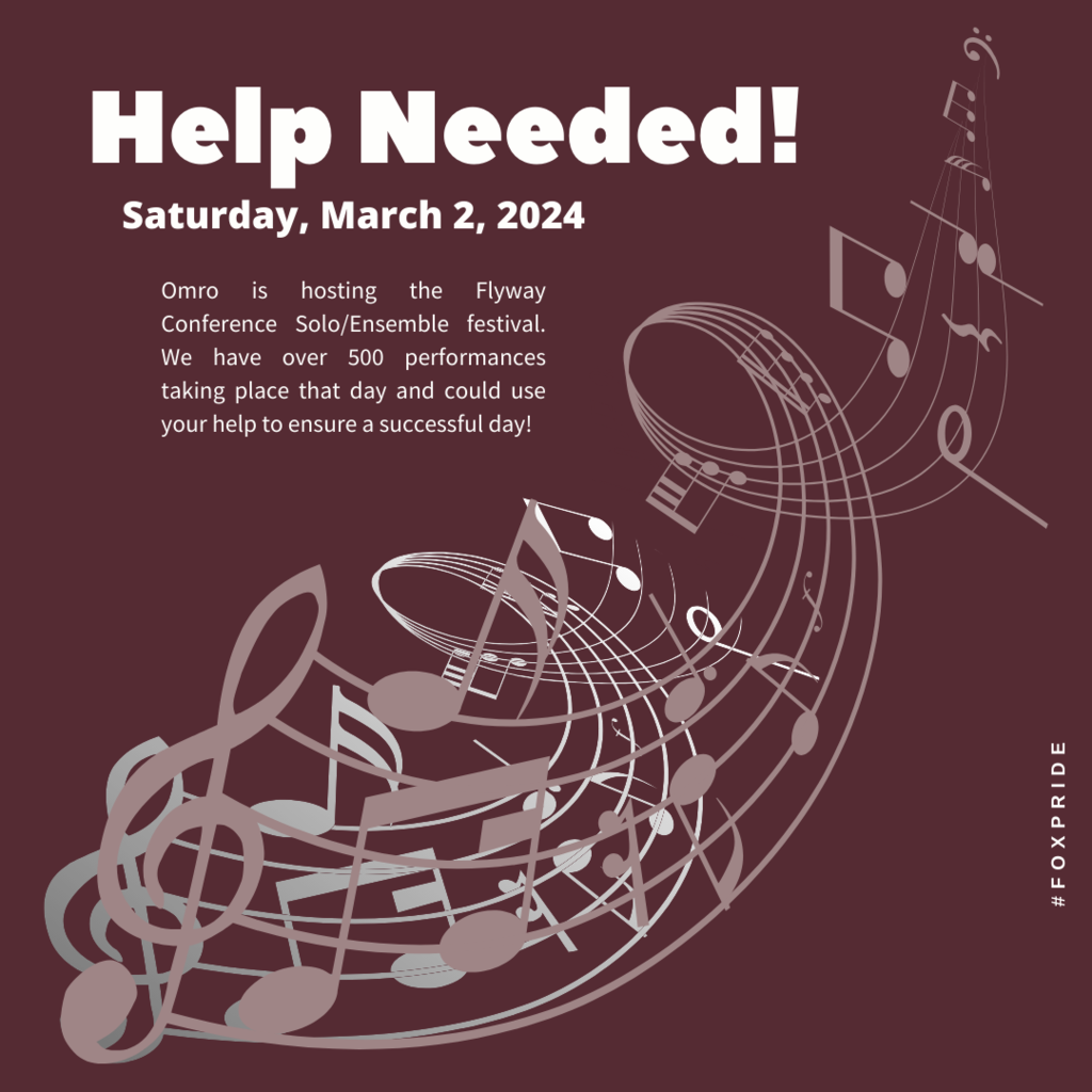 Graphic with a maroon background and musical notes on it. The text indicates that help is needed to ensure a successful day. 