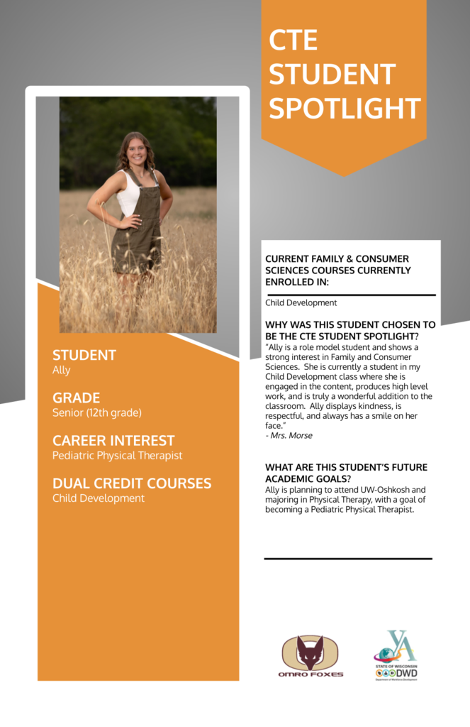 A graphic with a student's picture communicating the student is the CTE Student Spotlight.