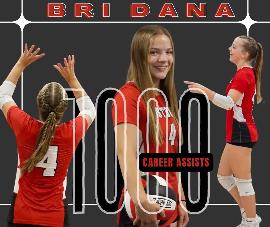🎉 Congratulations to Bri Dana for reaching 1,000 career assists on Saturday at the tournament during Homecoming! This incredible achievement is a true testament to her hard work and dedication. 🏐✨