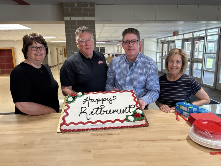 retirement photo of Kathy Hilbelink, Kevin Bruggink, Steve Herzog, Mary Paluchniak and Jerry Kennedy (not pictured).