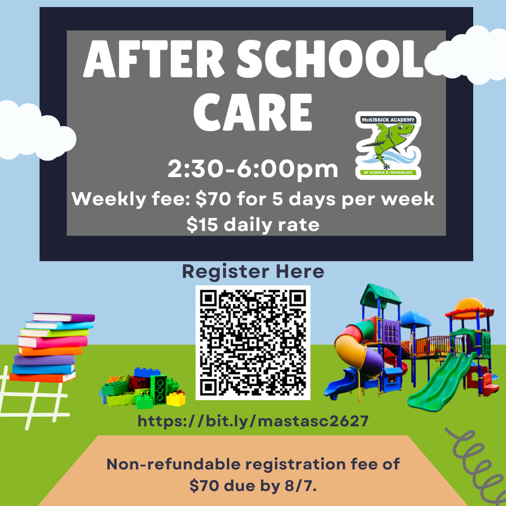 Image shows After School Care from 2:30-6:00 at a rate of $70 weekly or $15 daily.  Image shows playground, legos, and books.  Image contains QR code for registration.