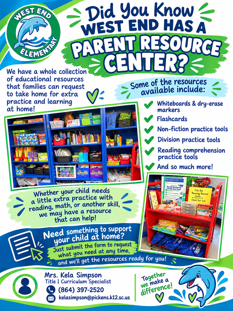 This graphic has two pictures of the colorful shelves containing the math and reading materials parents can check out and take home to practice skills with their child free of charge! Contact Mrs. Simpson at 397-2520 to check an item out.