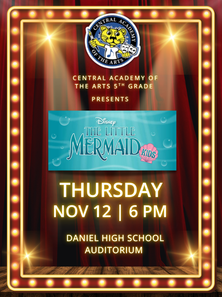 Poster showing the playbill for Little Mermaid Kids. It is a blue water background with a shell on it. 