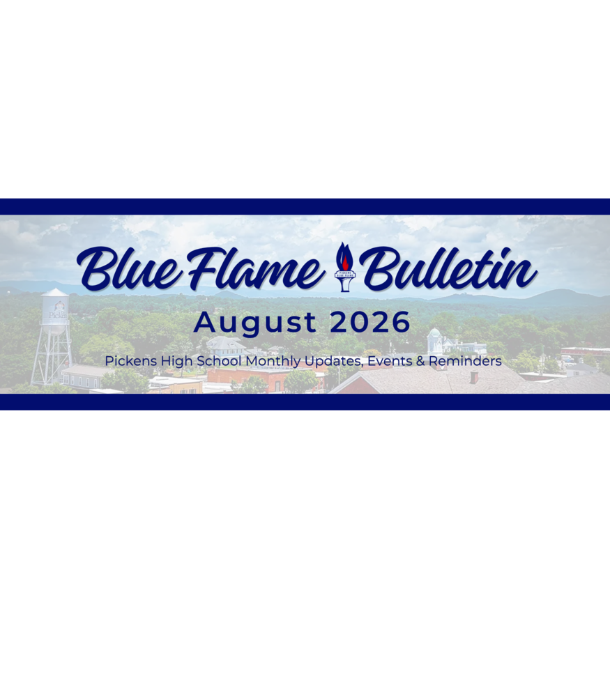 Pickens Blue Flame graphic showing the Thursday half-day schedule for students and full workday for staff. Doors open at 8:10. At 8:35, the bell rings for students to go to class, remove earbuds, and put cell phones away. Students report to 3A class for final exam from 8:40 to 10:10. Break is from 10:10 to 10:25, when students may report to the cafeteria or turn in Chromebooks in the Media Center. Students report to 4A class for final exam from 10:25 to 12:00. Students are dismissed at noon.