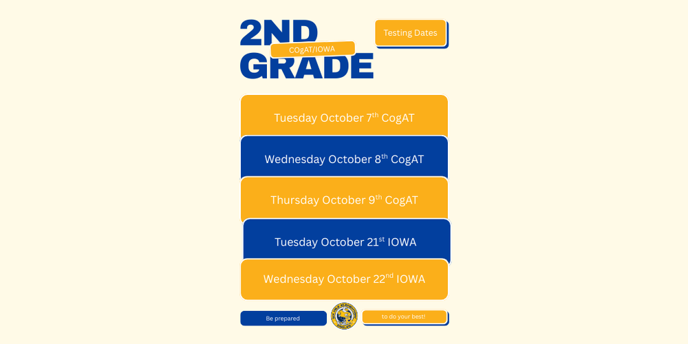 Testing Dates for 2nd Grade CogAT/IOWA