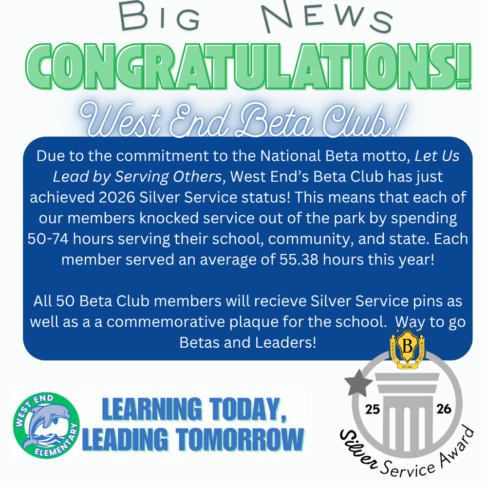 Thanks to your commitment to the National Beta motto, Let Us Lead by Serving Others, your Beta Club achieved 2026 Silver Service status. This means that each of your members knocked service out of the park by spending 50-74 hours serving their school, community, and state. Your club served a total of hours this year with each member serving an average of 55.38. The total number of members listed on your roster as of April 30, 2026 was: 50. You'll receive Silver Service pins for each of these members as well as a commemorative plaque. These materials will be mailed to your school by May 15, 2026.