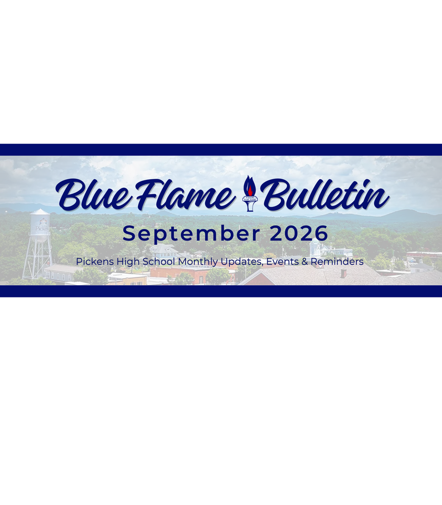 Pickens Blue Flame graphic showing the Thursday half-day schedule for students and full workday for staff. Doors open at 8:10. At 8:35, the bell rings for students to go to class, remove earbuds, and put cell phones away. Students report to 3A class for final exam from 8:40 to 10:10. Break is from 10:10 to 10:25, when students may report to the cafeteria or turn in Chromebooks in the Media Center. Students report to 4A class for final exam from 10:25 to 12:00. Students are dismissed at noon.