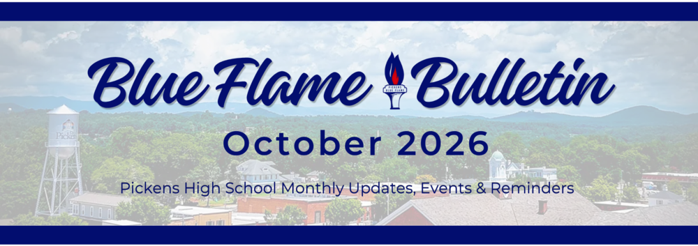title stating, Blue Flame Bulletin October 2026 with a picture of the blue flame mascot