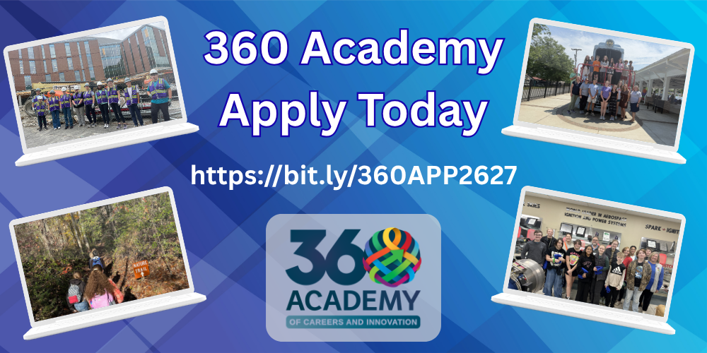 360 Academy Apply Today with images of students and application link