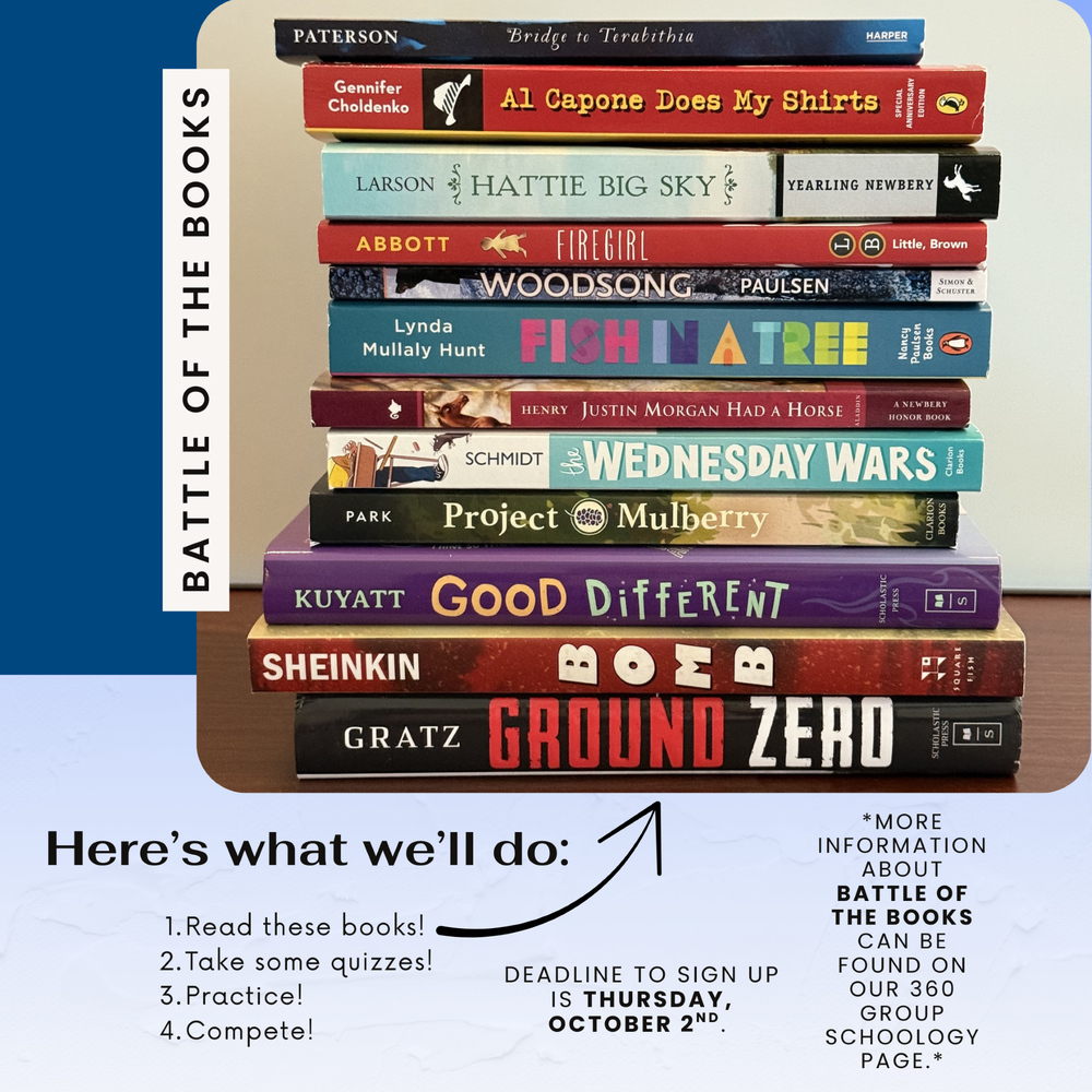 Battle of the Books Guidelines  with deadline to sign up on October 2. More information in Students' Schoology group.