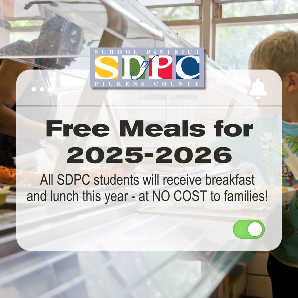 Graphic announcing free meals for SDPC students in 2025-2026