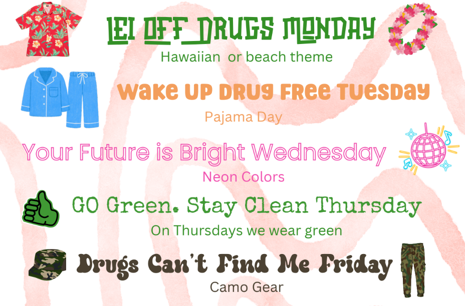 Monday - beach, Tuesday is pj day, Wednesday is neon colors, Thursday is green, Friday is camo