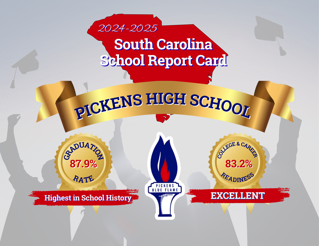 south carolina school report card achievement flyer for pickens high school. graduation rate was highest in school history at 87.9% and college/career readiness scored excellent