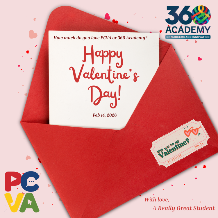 Image of a Valentine's Day Card, asking How much do you love PCVA or 360 Academy?