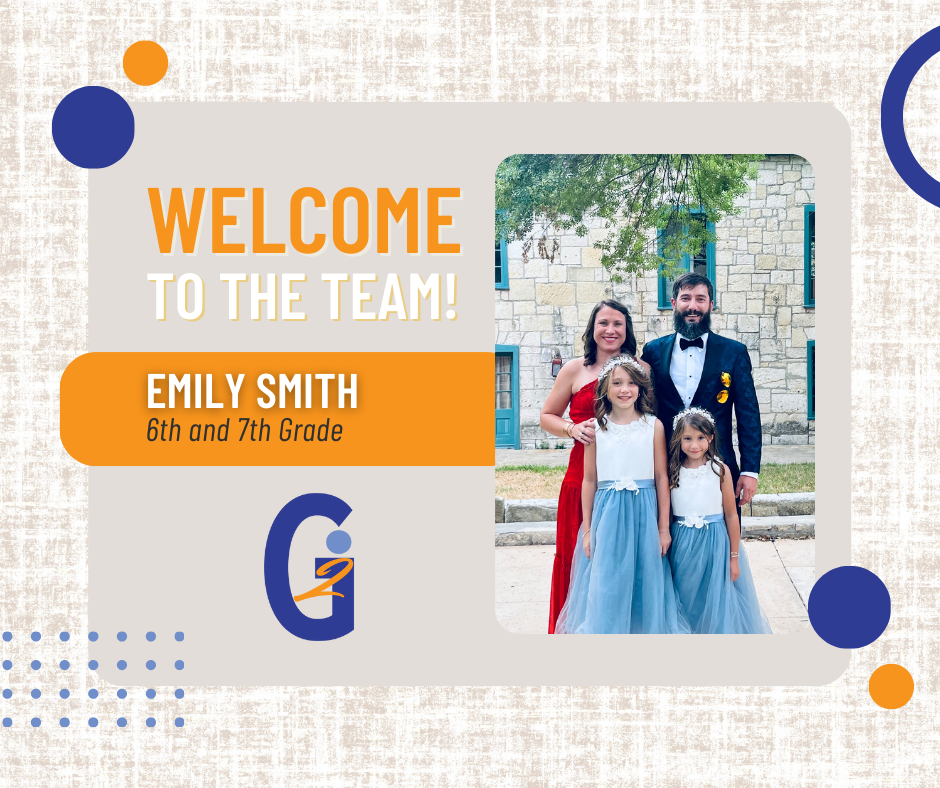 Emily Smith and her Family. Graphic welcoming her as 6-7th grade Ignite Instructor at G2i