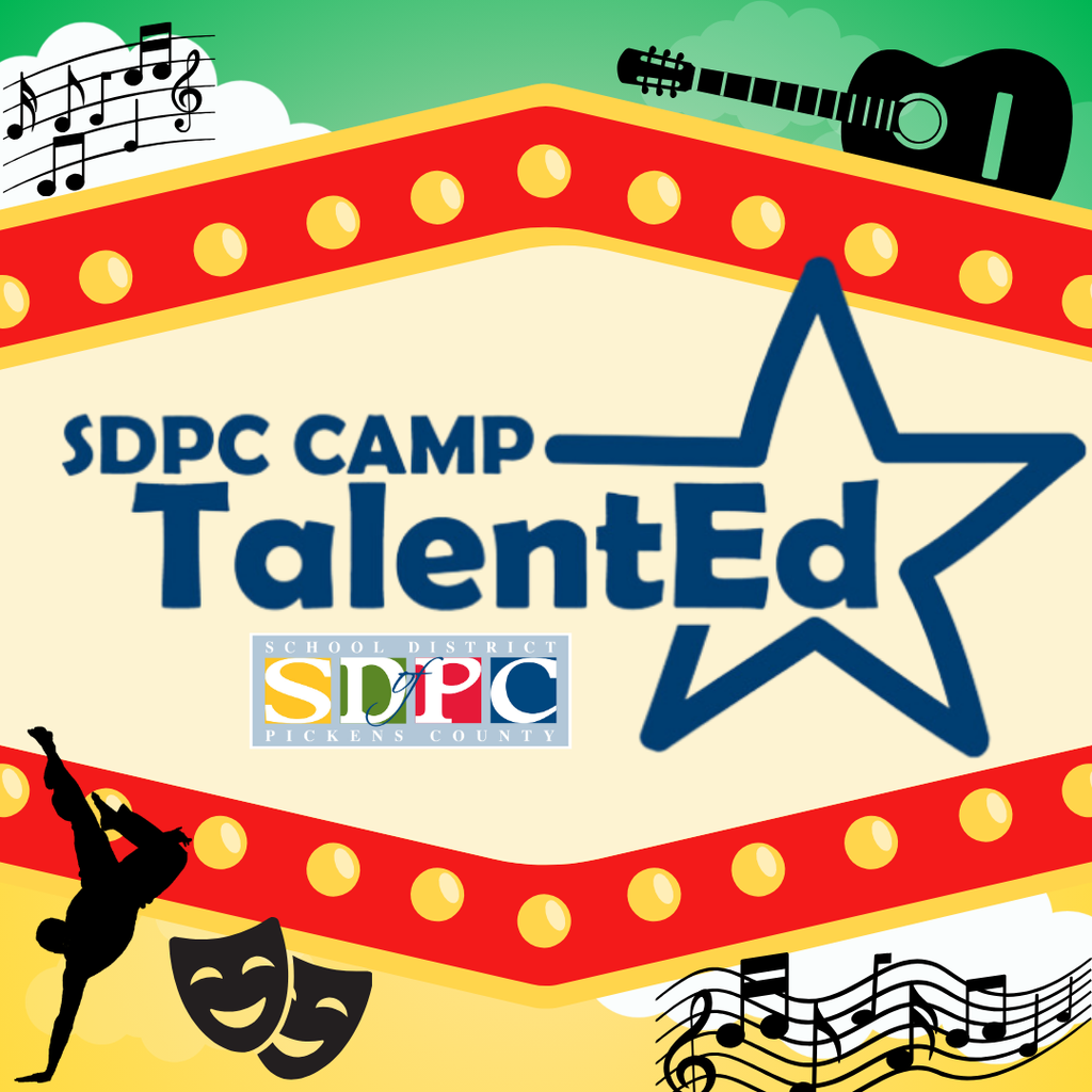 Graphic announcing registration for SDPC Camp TalentEd, a summer arts program for students in grades 4th-9th