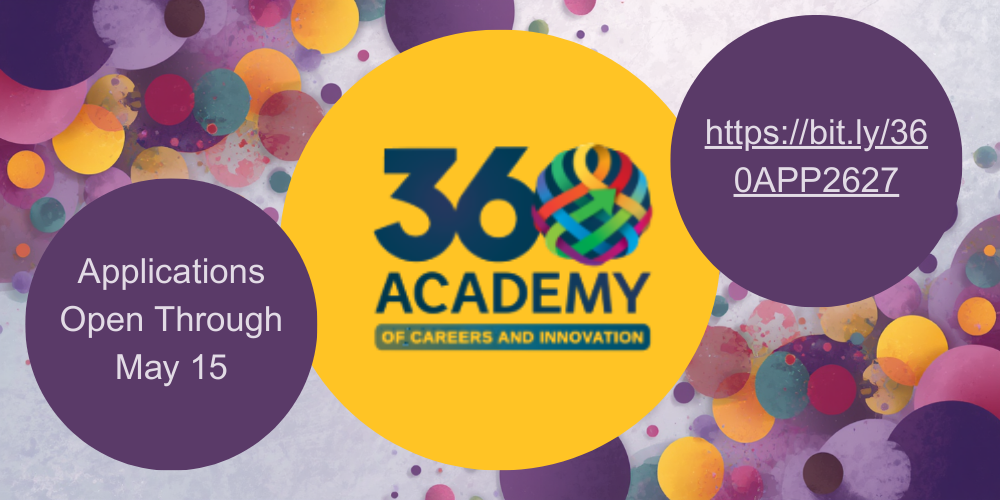 Graphic with 360 Logo Announcing Applications are Open with the Link https://bit.ly/360APP2627