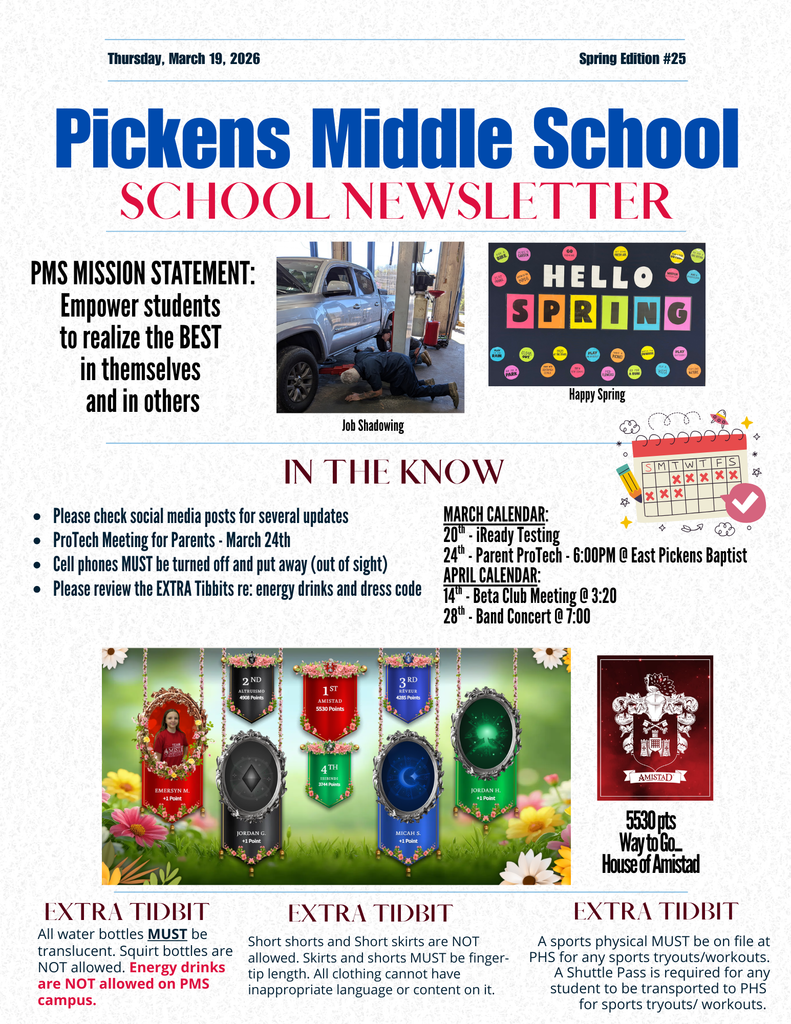 Weekly newsletter with updated information for the coming weeks. Photos of job shadowing and school bulletin board are included. Also, reminders about Parent ProTech registration and updated House points are in this newsletter.