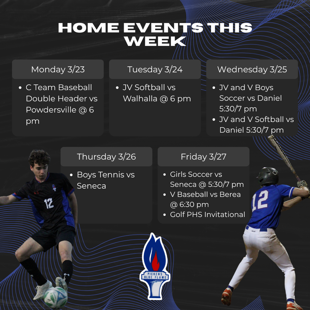 Weekly schedule graphic of all home athletic events at PHS 