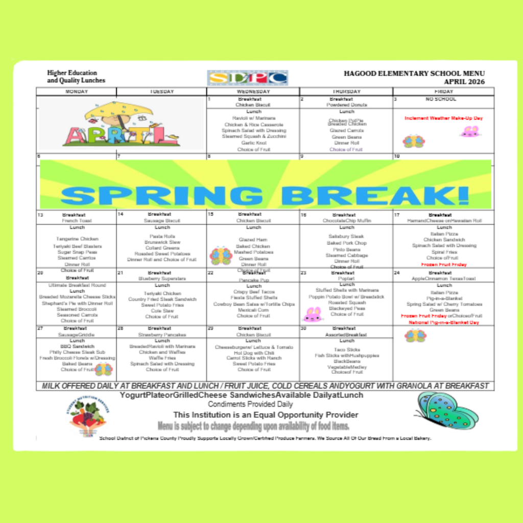 Hagood Elementary April 2026 lunch menu. Includes daily meal options such as pizza, chicken sandwiches, and pasta. Contact the school for full menu details.
