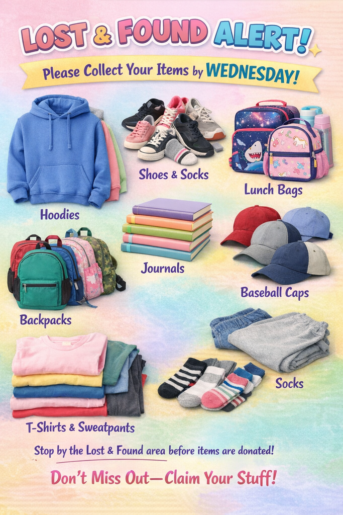 Claim your lost and found items by EOD on Wednesday.