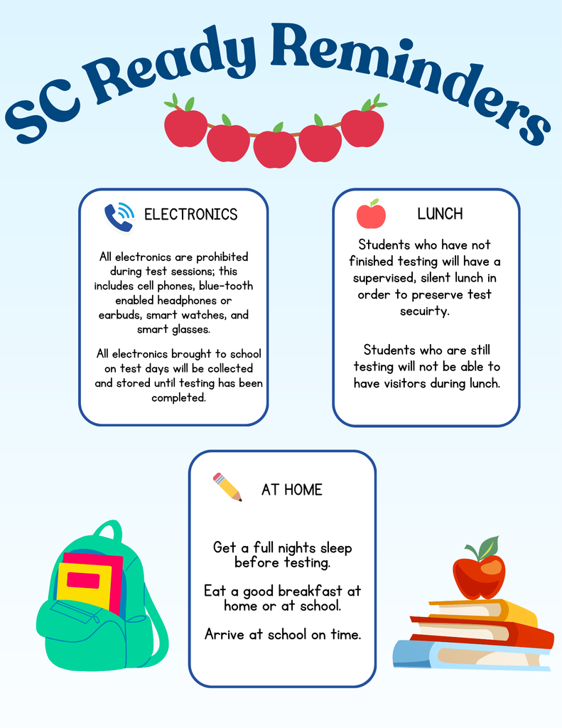 SC Ready Reminders: No electronics in test sessions. Students still testing at lunch time will have a silent supervised lunch and will not be allowed to have lunch visitors.