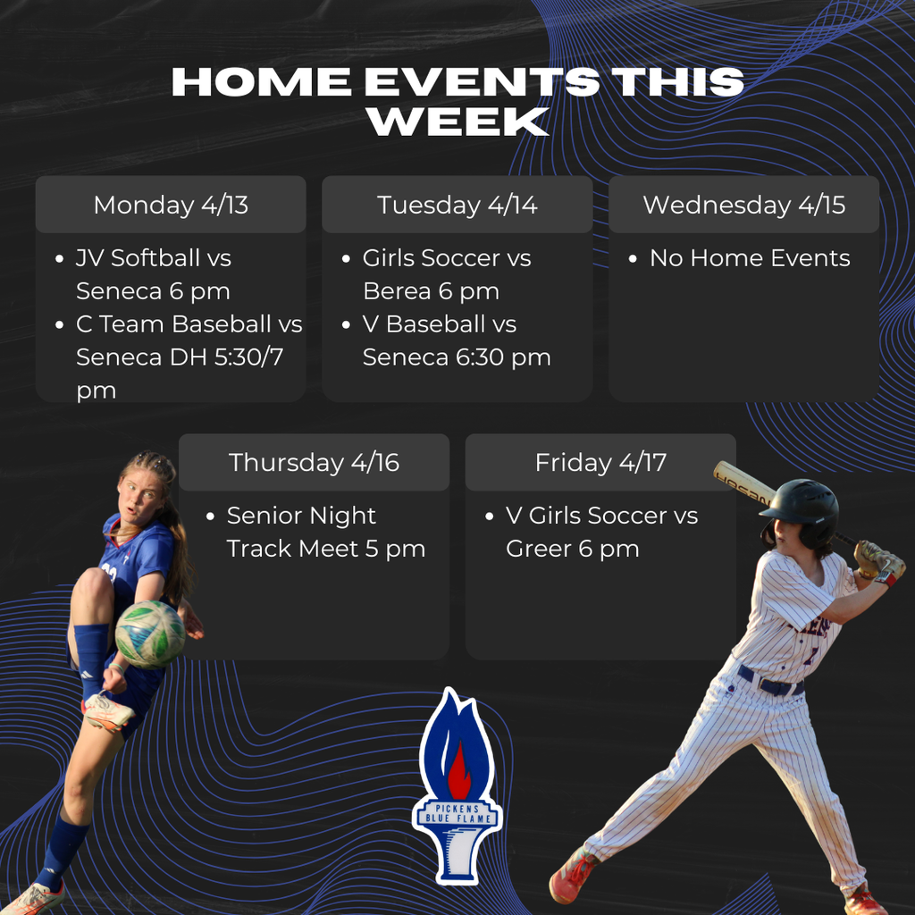 Weekly schedule graphic of all home athletic events at PHS