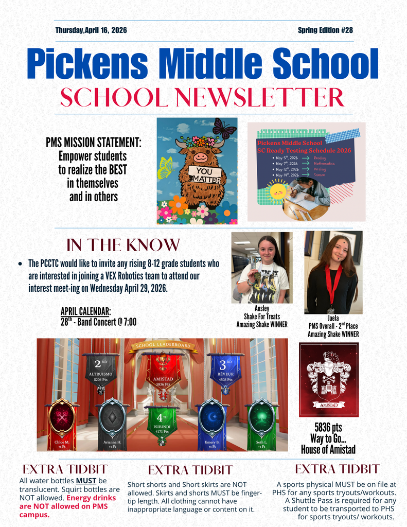 Weekly newsletter with updated information for the coming weeks.  Photos of school bulletin board, additional students who won the Amazing Shake, SCReady Test Schedule are included. 