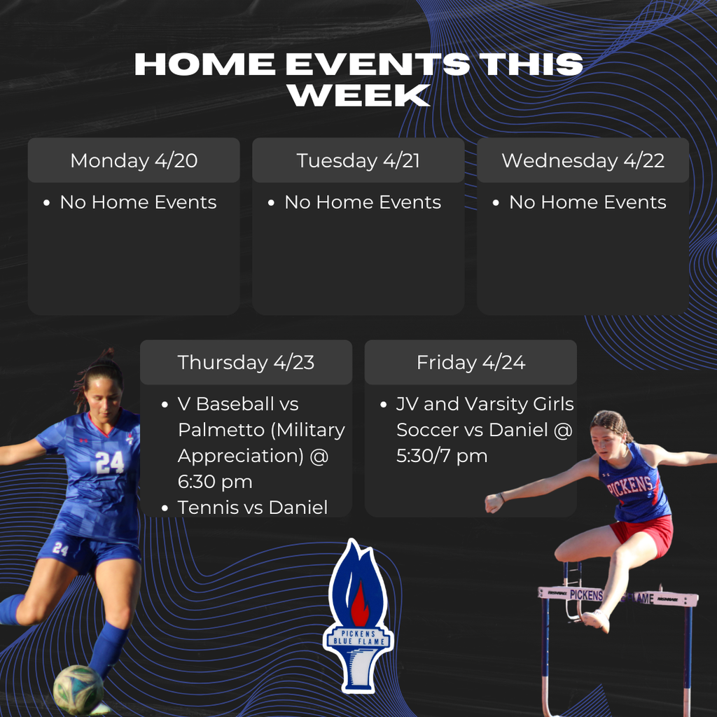 Weekly schedule graphic of all home athletic events at PHS 