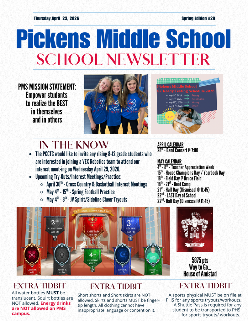 Thursday Tidbits containing weekly updated information, several calendar items listed, SCReady test schedule and many pics.