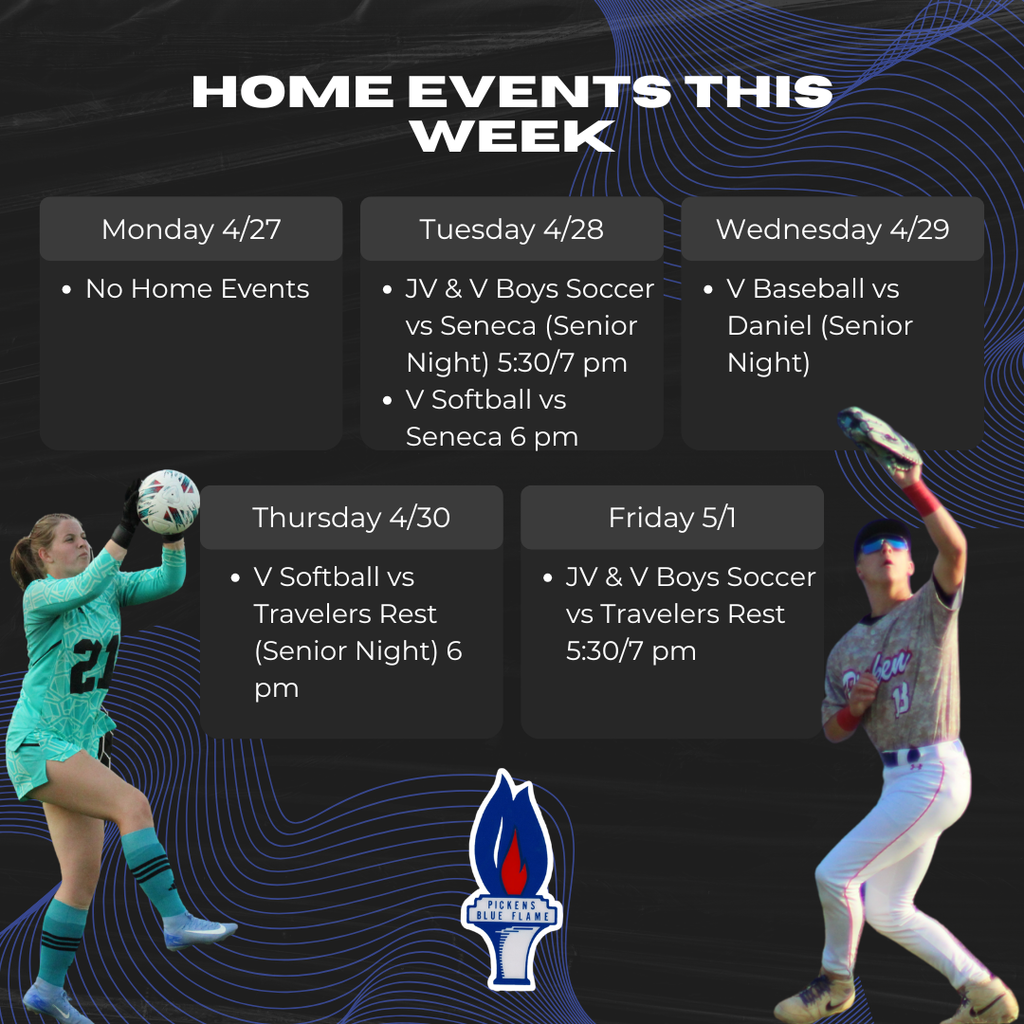 Weekly schedule graphic of all home athletic events at PHS 