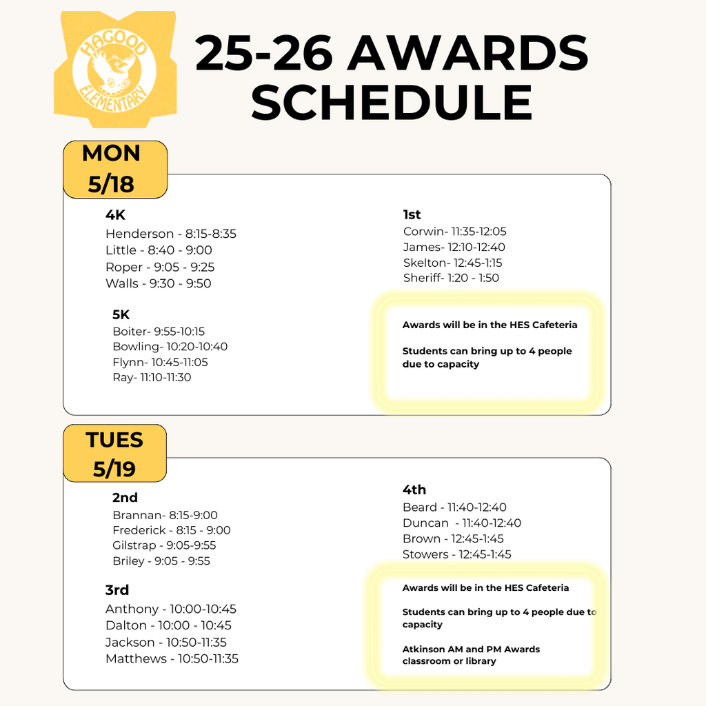 Graphic titled “25–26 Awards Schedule” with Hagood Elementary logo. Monday, May 18 includes 4K, 5K, and 1st grade award times by teacher from 8:15 a.m.–1:50 p.m. Tuesday, May 19 includes 2nd, 3rd, and 4th grade award times by teacher from 8:15 a.m.–1:45 p.m. Awards will be held in the HES Cafeteria, and students may bring up to four guests due to capacity limits.